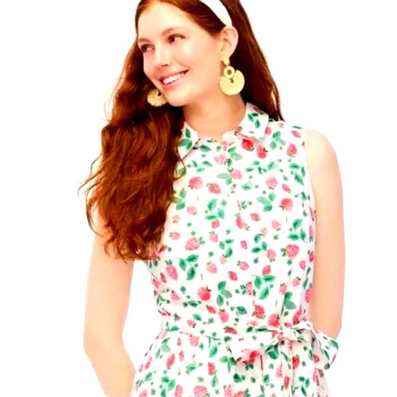 J.Crew Factory Strawberry Print Collared Midi Dress Size 8 Sleeveless Belted - Picture 4 of 11